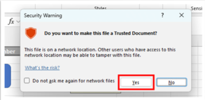 Yes button for Trusted Document in Excel