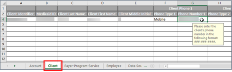 Client tab in Excel