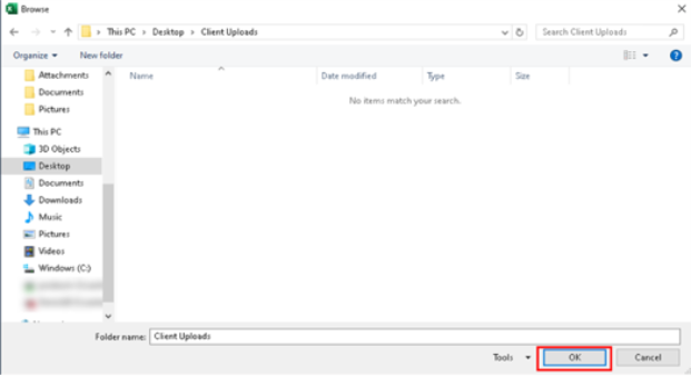 Select OK to upload file