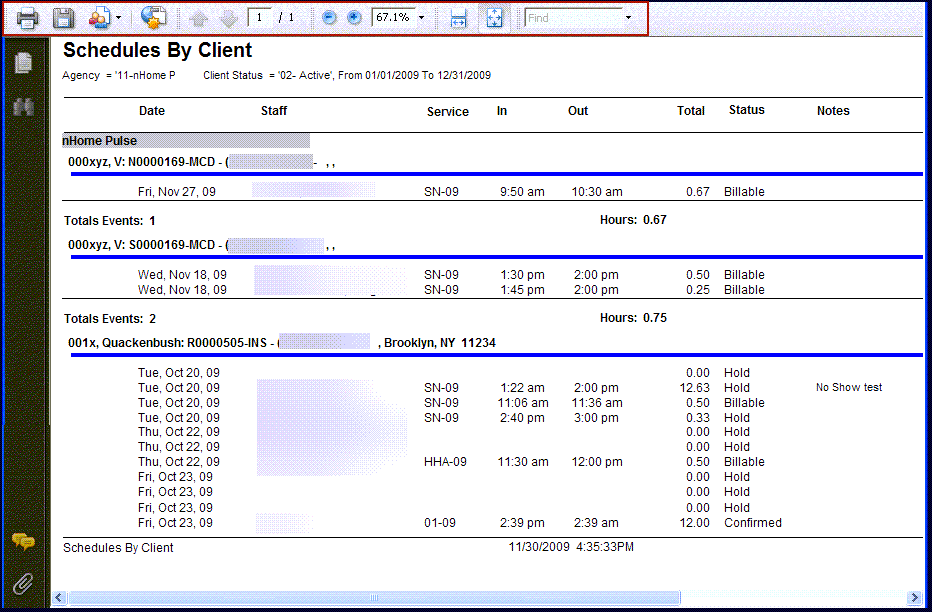 The report results are opened in a new window. Use the navigation pane to export data, print the report, search for data or adjust the view.